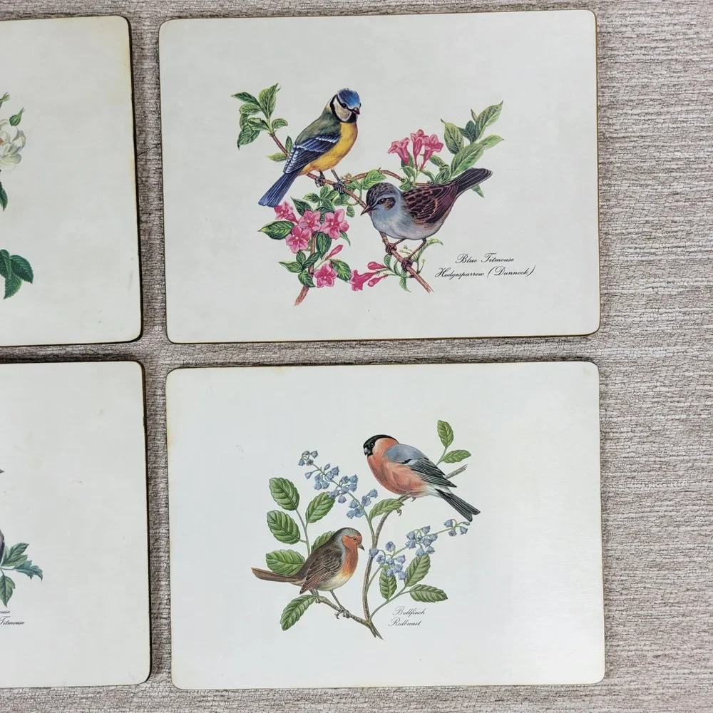 Vintage Lady Clare Luncheon Bird Placemats Felt Back Wood Cork England Set of 4